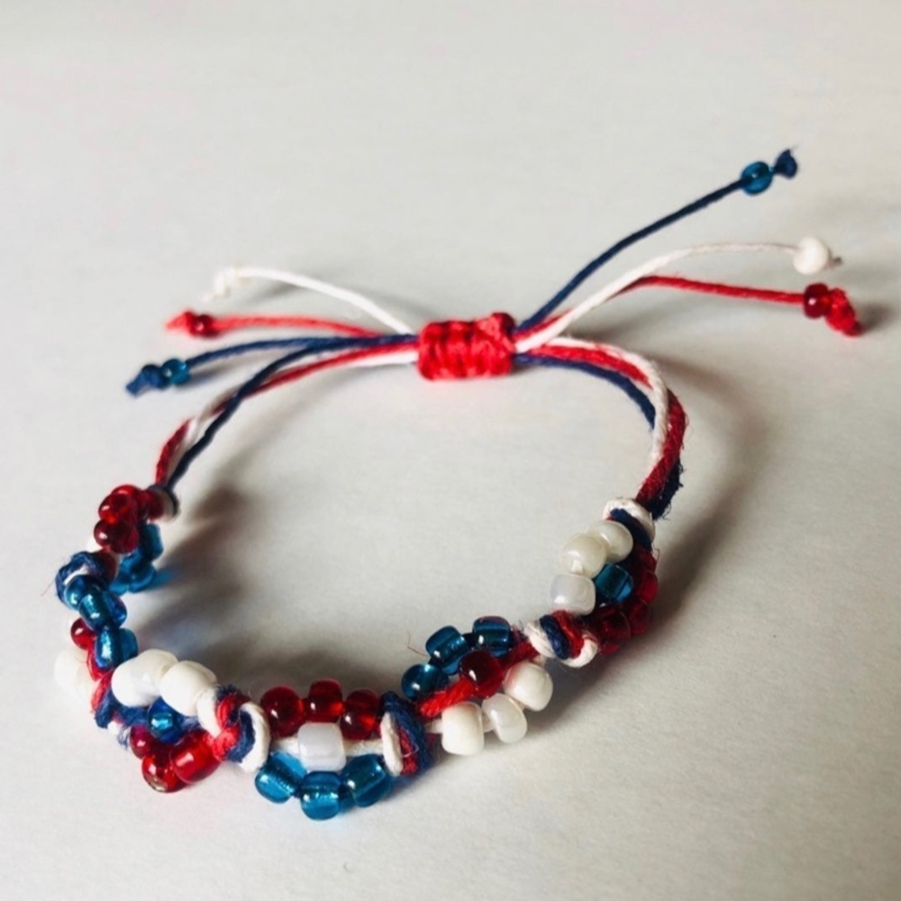 Handmade Adjustable Woven Bead Bracelet Red, Blue & White